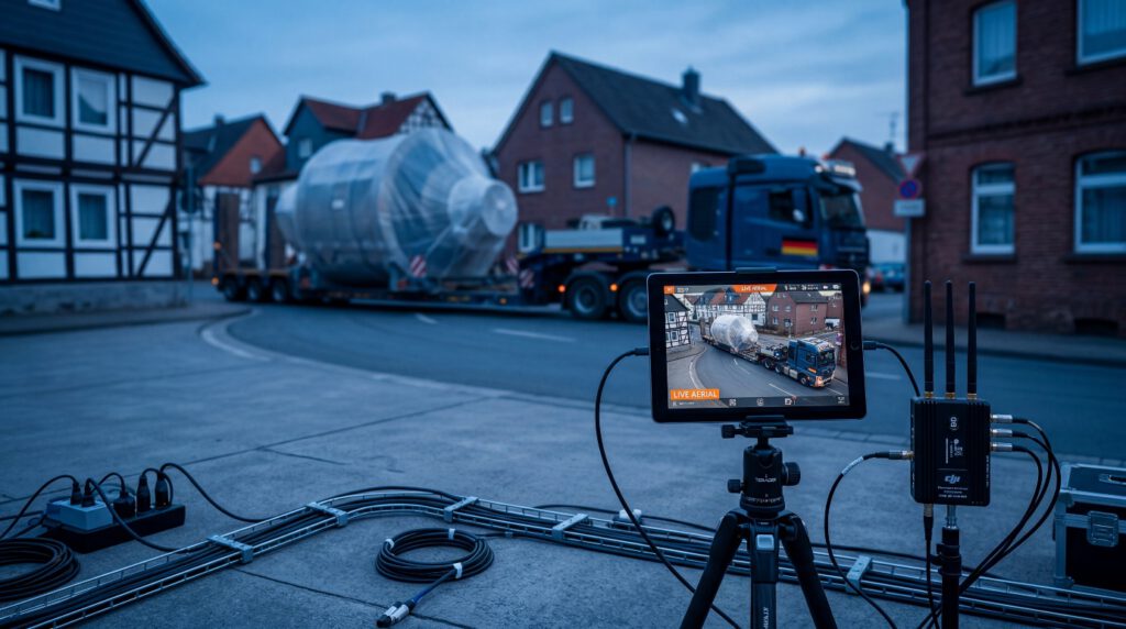 Live-Streaming Setup mit Drohne und Sendetechnik
