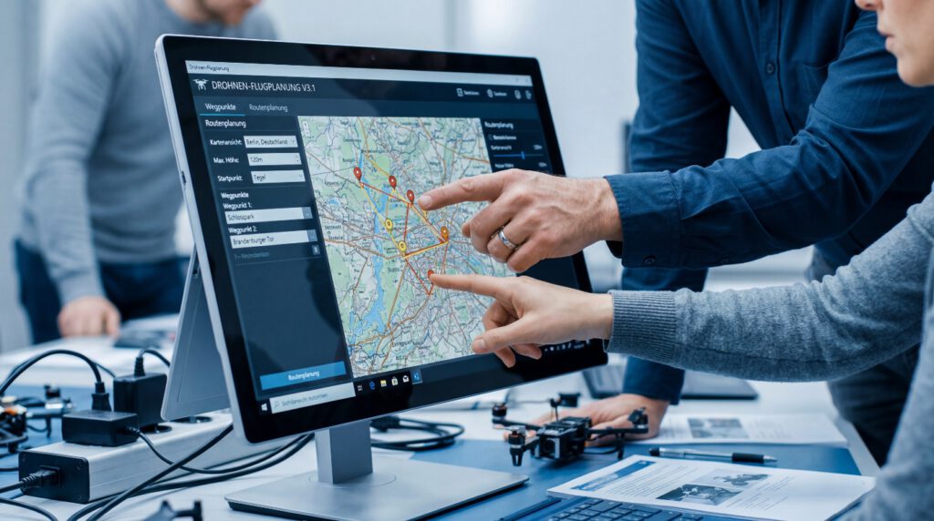 Drohnen-Flugplanung auf Tablet im Workshop