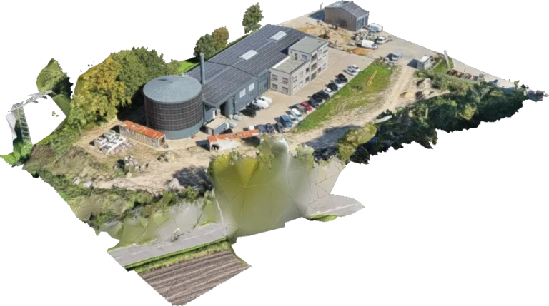 3D-Modell einer Energiezentrale mit Betriebsgelände, berechnet aus Drohnenbildern
