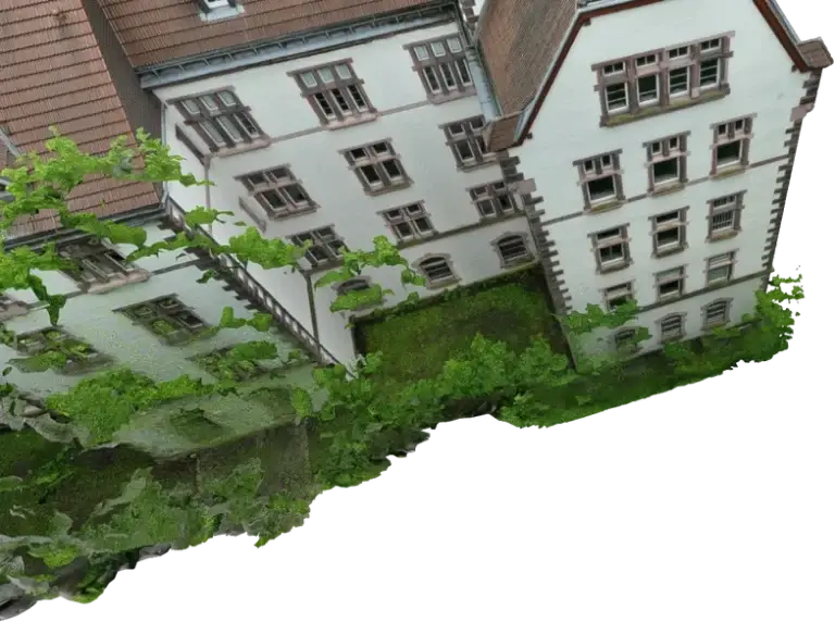 Ausschnitt aus dem 3D-Modell eines Kasernengebäudes in Kassel, berechnet aus Drohnenbildern
