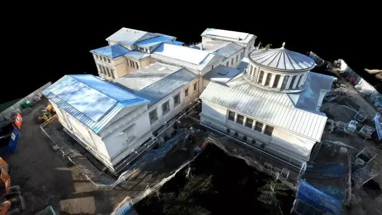Gesamtansicht eines texturierten 3D-Modells eines Gebäudekomplexes
