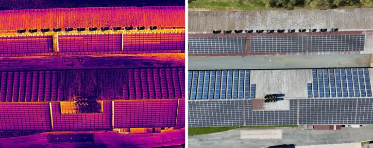 Thermalbild und Sichtbild derselben PV-Dachflächen im Vergleich