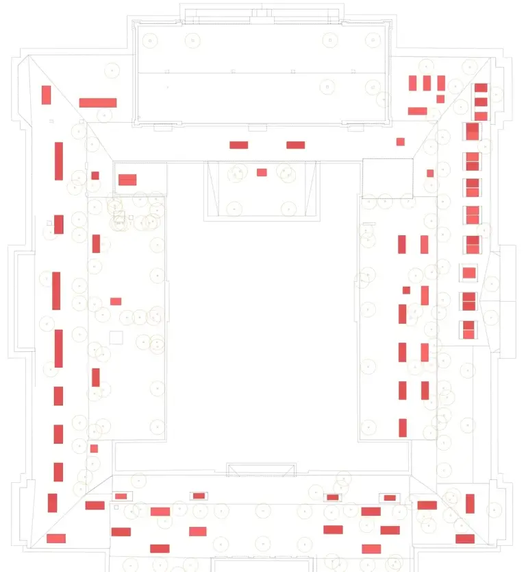 Dachplan des Rathauses Altona: Dachfenster rot markiert, Durchdringungen mit Kreisen