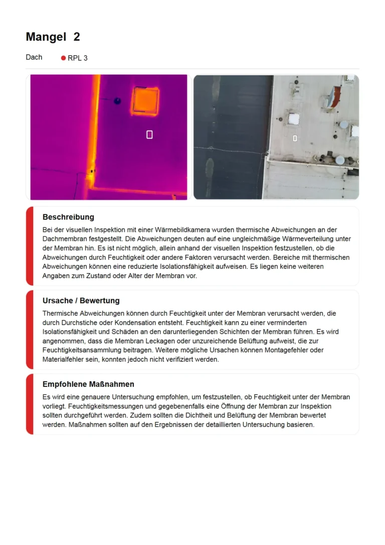 Beispielseite aus einem anonymisierten Zustandsbericht mit Wärmebild und Sichtbild eines Flachdachs