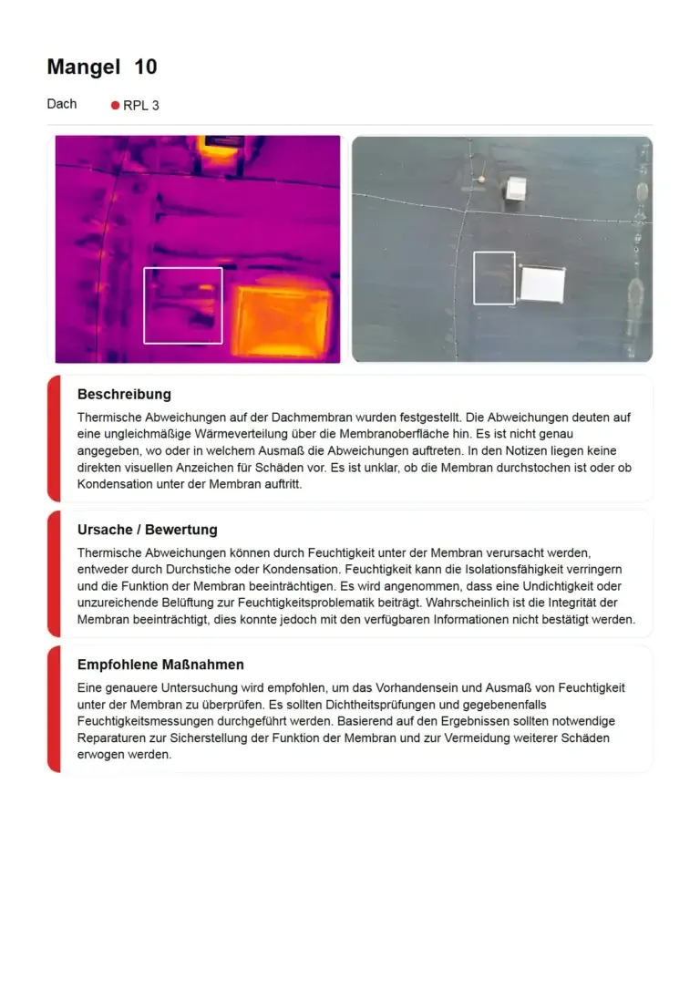Beispielseite aus einem anonymisierten Zustandsbericht: Befund mit Wärmebild, Sichtbild, Beschreibung, Bewertung und empfohlenen Maßnahmen