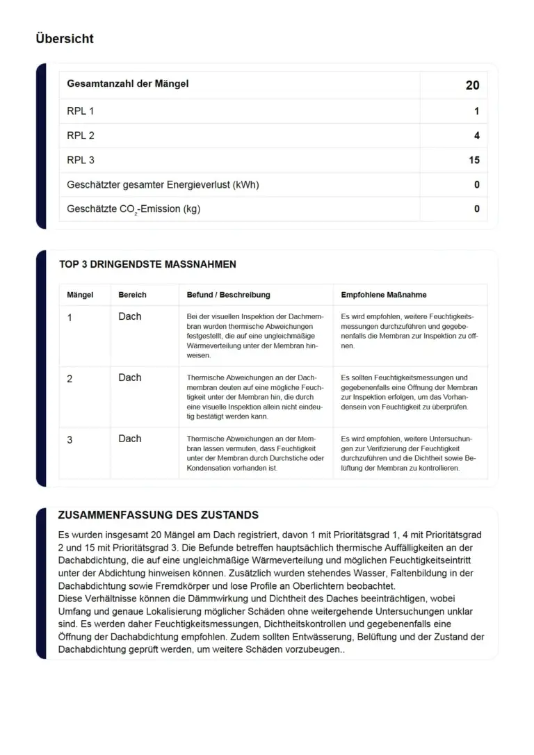 Zusammenfassung eines Zustandsberichts: Befunde nach Prioritätsstufe und die drei dringendsten Maßnahmen